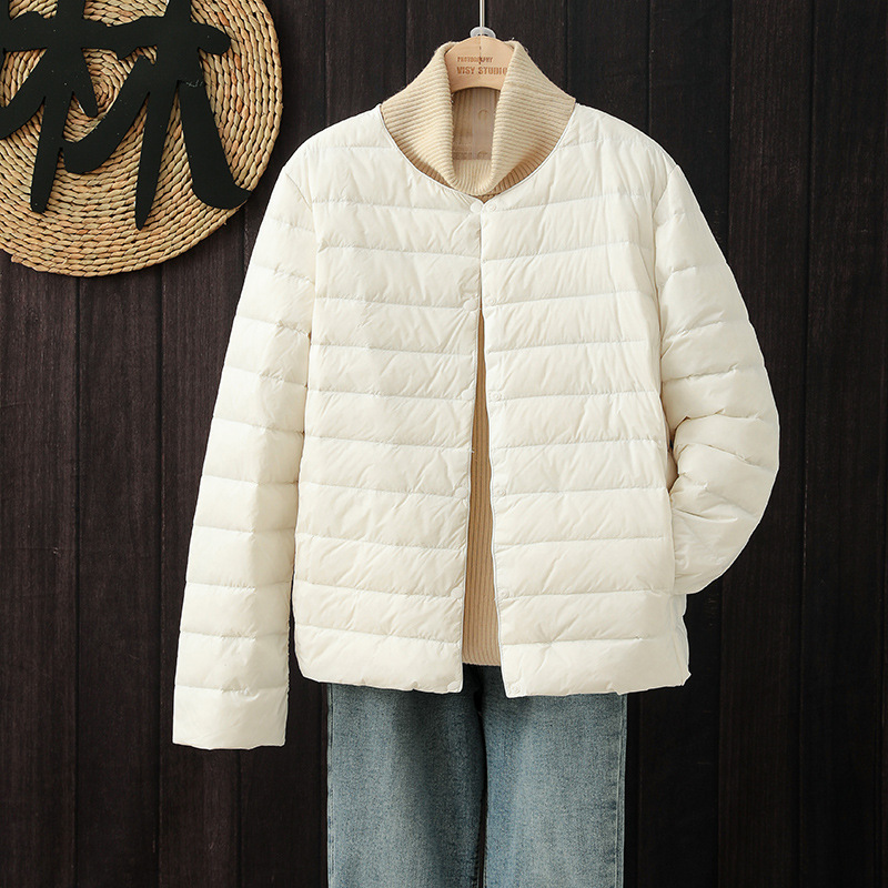Cross-Border Lightweight down Jacket for Women, Short Style, Round Neck, Suitable for Layering or Wearing Alone, Thin Women's Portable Collarless Jacket