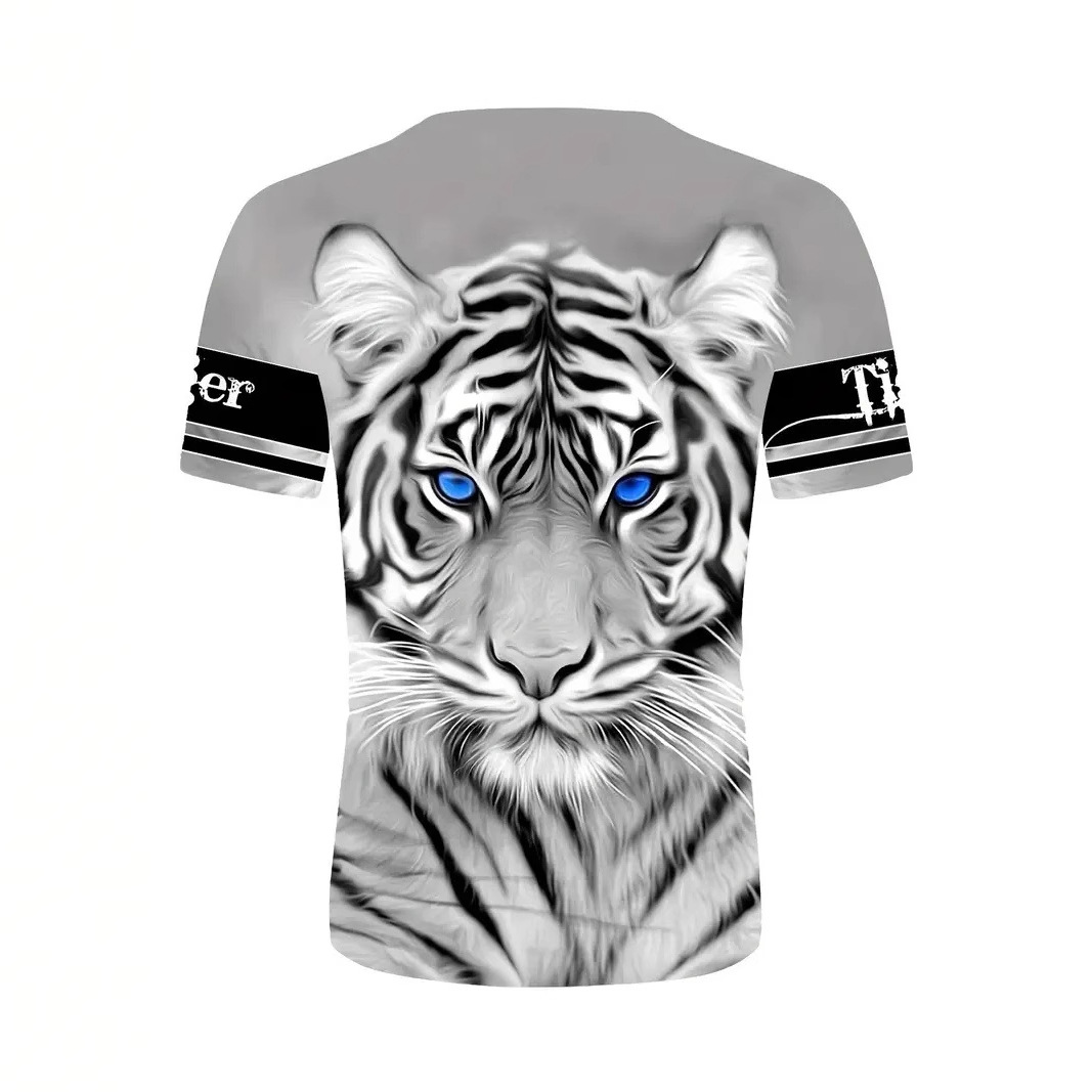 Venta caliente de la calle europea y americana tigre blanco estampado 3D hombre verano suelto transpirable hombro de manga corta cuello redondo camiseta en stock