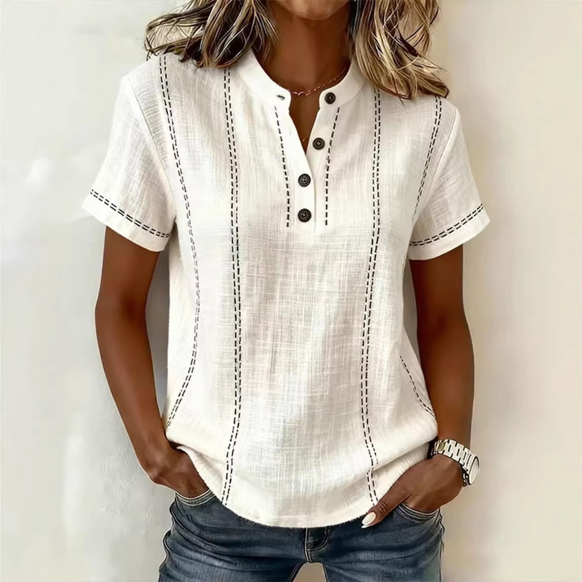 Transfronterizo 2026 estación independiente Amazon verano relajado casual explosión impresa botón de cuello de pie camisa de mujer de manga corta