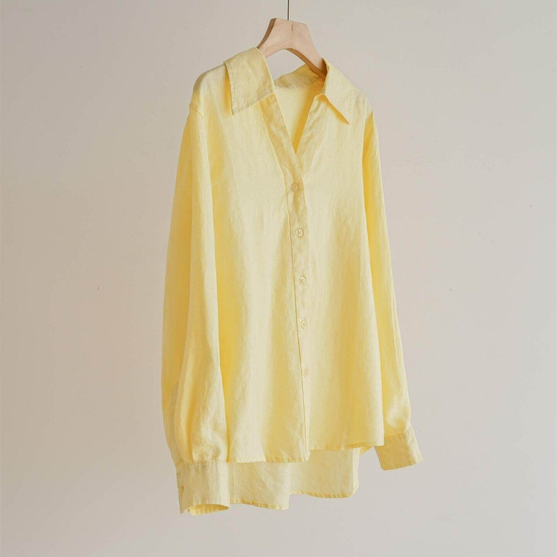 100% Natural Pure Linen Shirt V-Neck Natural Flowing Long-Sleeved Shirt Yellow Sun Protection Women's Top Jacket Early Spring 100% Natural Pure Linen Shirt V-Neck Natural Flowing Long-Sleeved Shirt Yellow Sun Protection Women's Top Jacket Early Spring