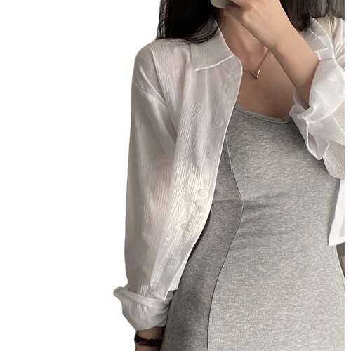Chic Summer Long-Sleeve Chiffon Sun Shirt with Design Details, Back Belt, Backless Short-Sleeve Blouse for Women from Korea