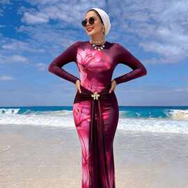 厂家货源保守泳衣女 紫荷花印花长袖全包布基尼Burkini