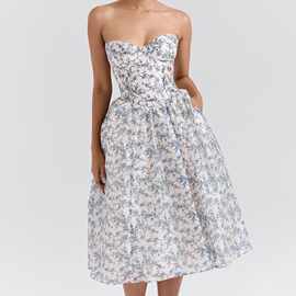 水墨繁花法式复古浪漫印花抹胸裙女夏气质收腰显瘦大摆连衣裙