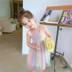 Ladies' strap dress Korean style children's 2022 new summer sleeveless rainbow mesh foreign trade small and medium children's clothing
