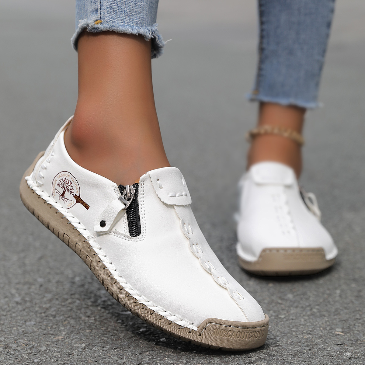 Women's casual shoes with a leather upper, featuring a simple side zipper design, available in multiple colors, plus sizes, and a trendy, versatile style