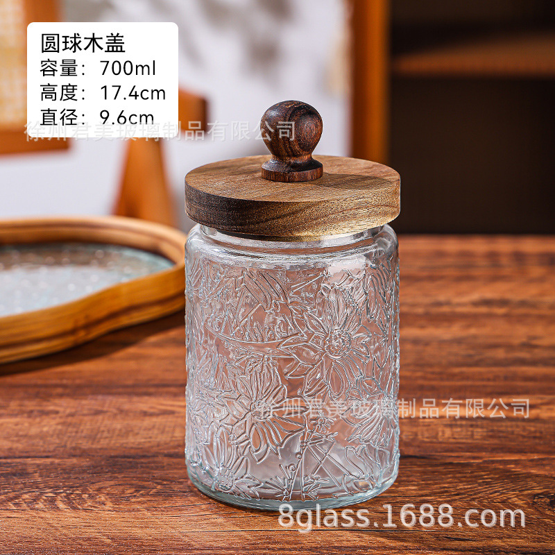 Tanque de almacenamiento de vidrio retro Begonia casera granos naranja frutas secas lata de almacenamiento de té lata de Acacia cubierta de madera mayorista