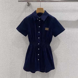 南油高端女装高版本Miu家26新款藏蓝色灯芯绒翻领开襟收腰连衣裙