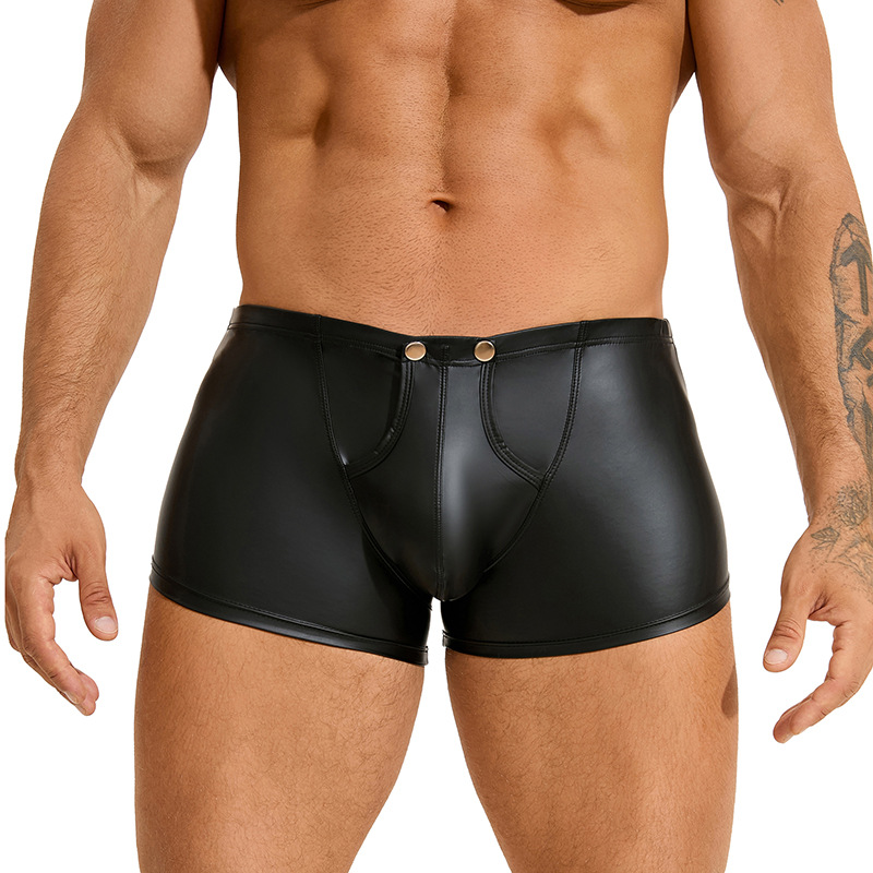 Transfronterizo Amazon sexy cuero lacado hombre pantalones de ángulo plano imitación de cuero interesante botón convexo U fácil de quitar pantalones de ángulo plano