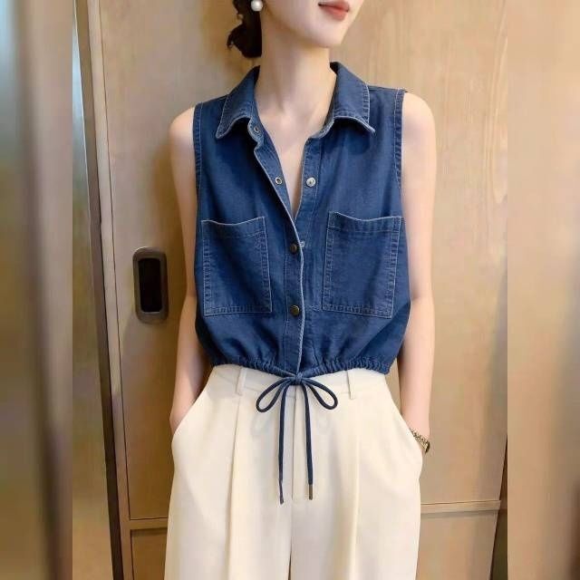New Denim-Style Sleeveless Shirt for Women, 2026 Summer Fashion Design, Niche Style, Waist-Cinching, High-End Feel Top New Denim-Style Sleeveless Shirt for Women, 2026 Summer Fashion Design, Niche Style, Waist-Cinching, High-End Feel Top