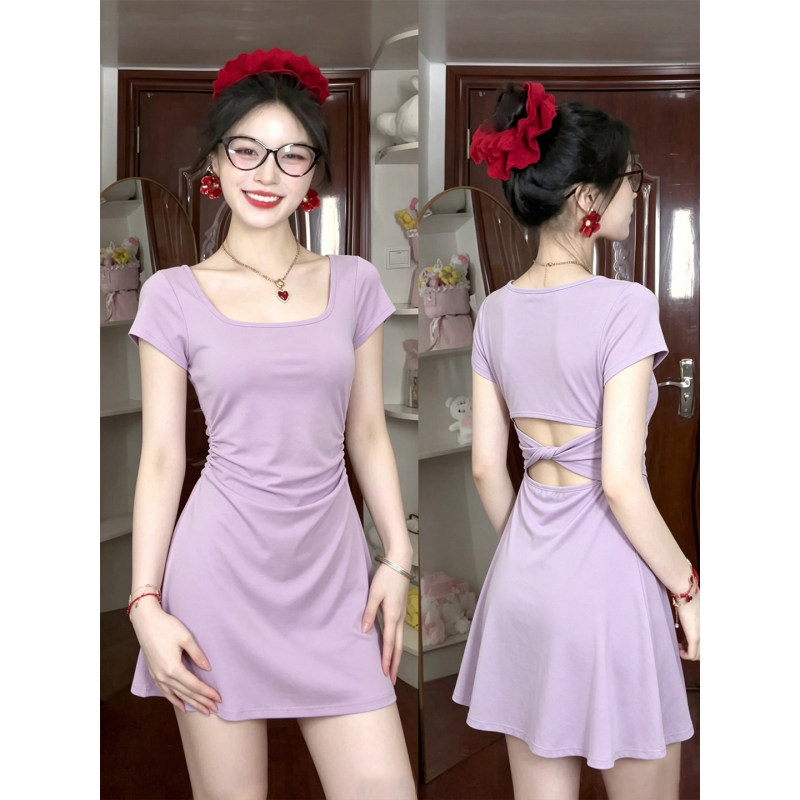 Purple Backless Dress for Women 2026 New Summer A-Line Hot Girl Short Dress Square Neck Slim Fit Short Sleeve Dress Purple Backless Dress for Women 2026 New Summer A-Line Hot Girl Short Dress Square Neck Slim Fit Short Sleeve Dress