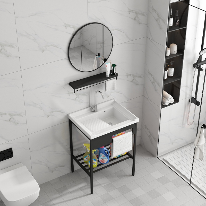 Armario negro de acero inoxidable de pie de piso lavabo balcón lavabo integrado de baño de cerámica con lavabo