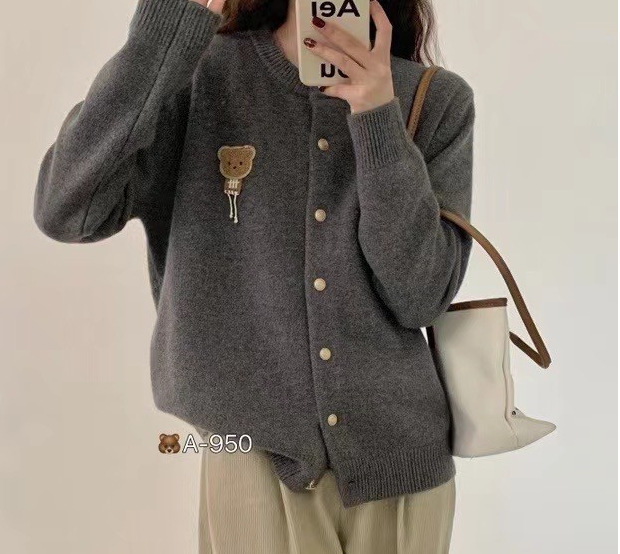 批发韩版春季刺绣卡通小熊宽松开衫减龄百搭上衣针织衫女装短外套|undefined