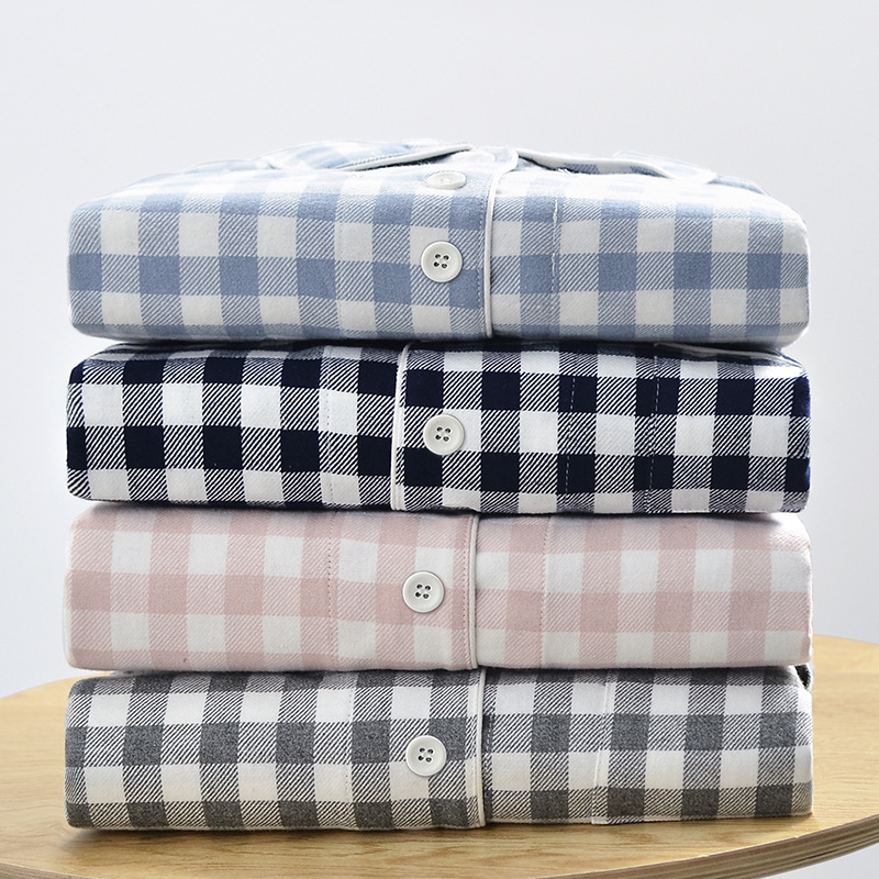 2025春秋纯棉法兰绒家居服套装日式格子绒布情侣睡衣长袖HTQQ001