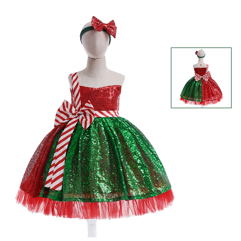 Navidad nuevo pequeño y mediano vestido de los niños rojo y verde costura arco cintura lentejuelas princesa vestido banquete rendimiento