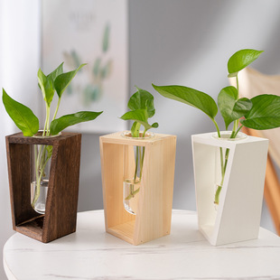 Nordic ins Wooden Frame Test Tube Glass Vase Creative Hydroponic Flower Arrange Decorative Ornaments Dried Flowers Water Raising Green Rose Container