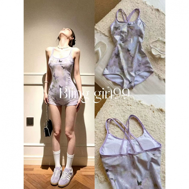 【Purple Dream Butterfly】French Retro Slim-Fit Racing Swimsuit with Chest Pads for Women, Plus Size Athletic Swimwear