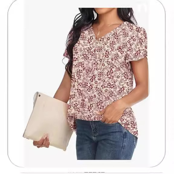 2024 Cross Border Ladies plus size Summer, V-Neck Petal Short Sleeve Shirt, Casual T-Shirt, Women's Cute