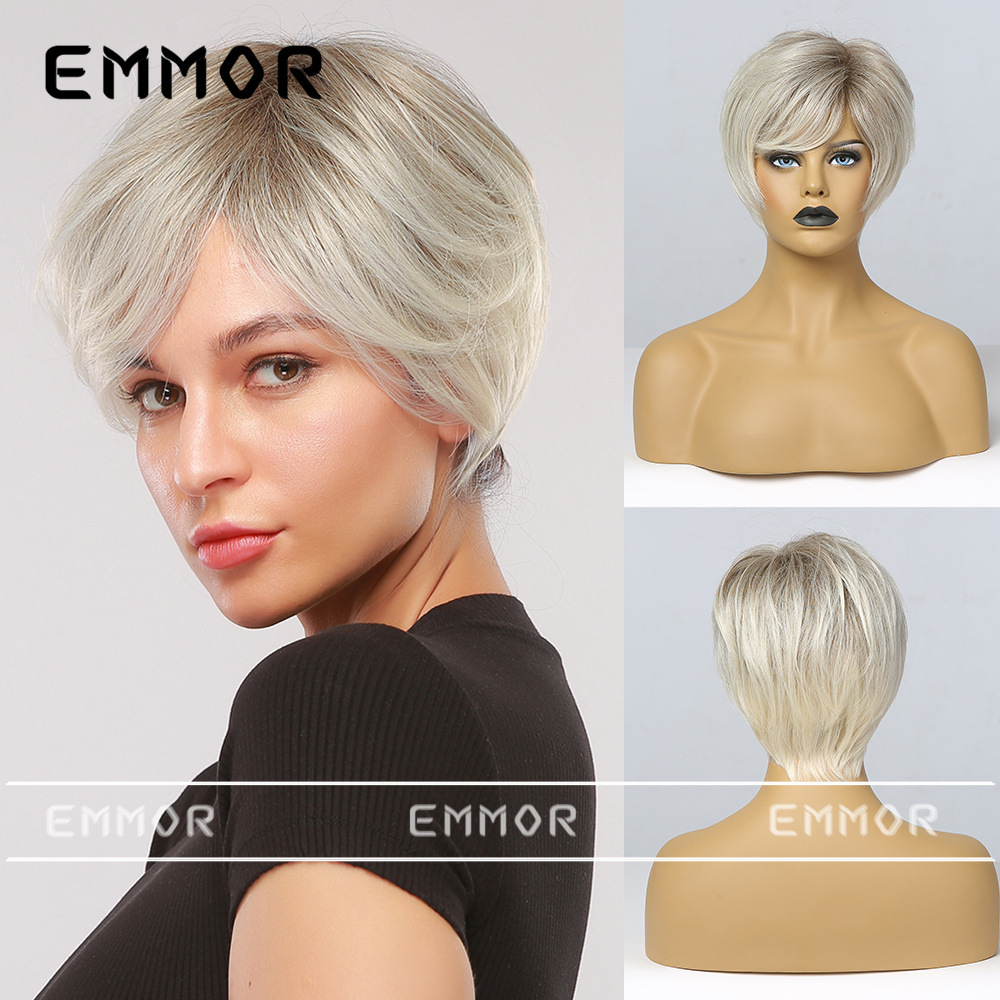 Emmor europeo y americano Amazon abuela Pelo Corto Peluca de las mujeres gradiente oro fibra química pelo flequillo micro volumen