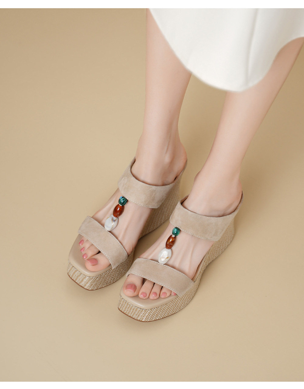 Sandal cao gót nữ hở mũi đế xuồng đan rơm gót 10 cm — màu nâu, màu mơ chi tiết 4
