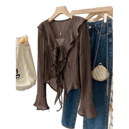 French High-End V-Neck Edge Hemming Thin Drum Sleeve Strap Chiffon Shirt