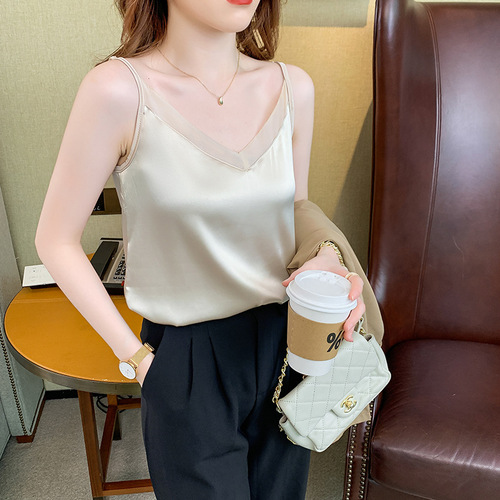 Ladies' silk satin strapless summer outerwear sexy sleeveless top, simple professional suit, inner base shirt, trendy