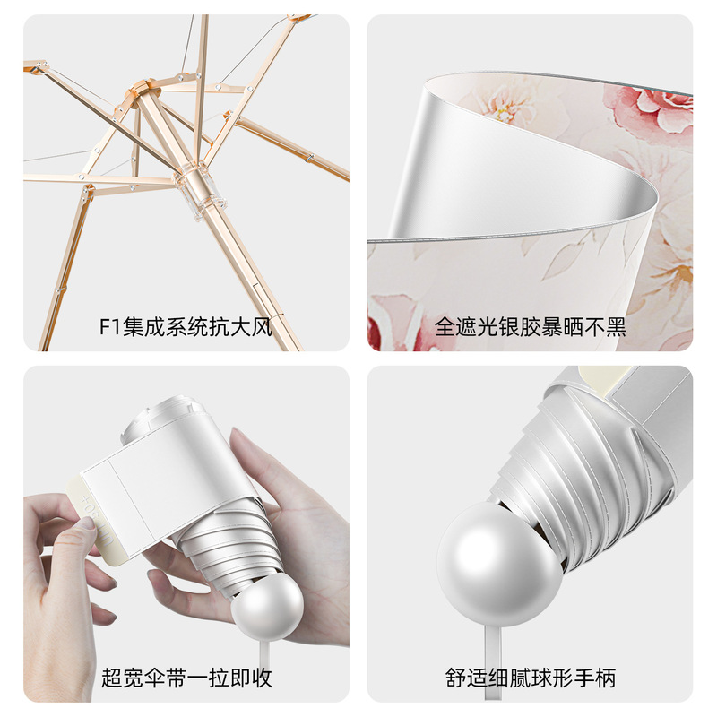Printed, stylish, compact and portable titanium silver 50% off capsule handbag umbrella with UV protection for sun and rain