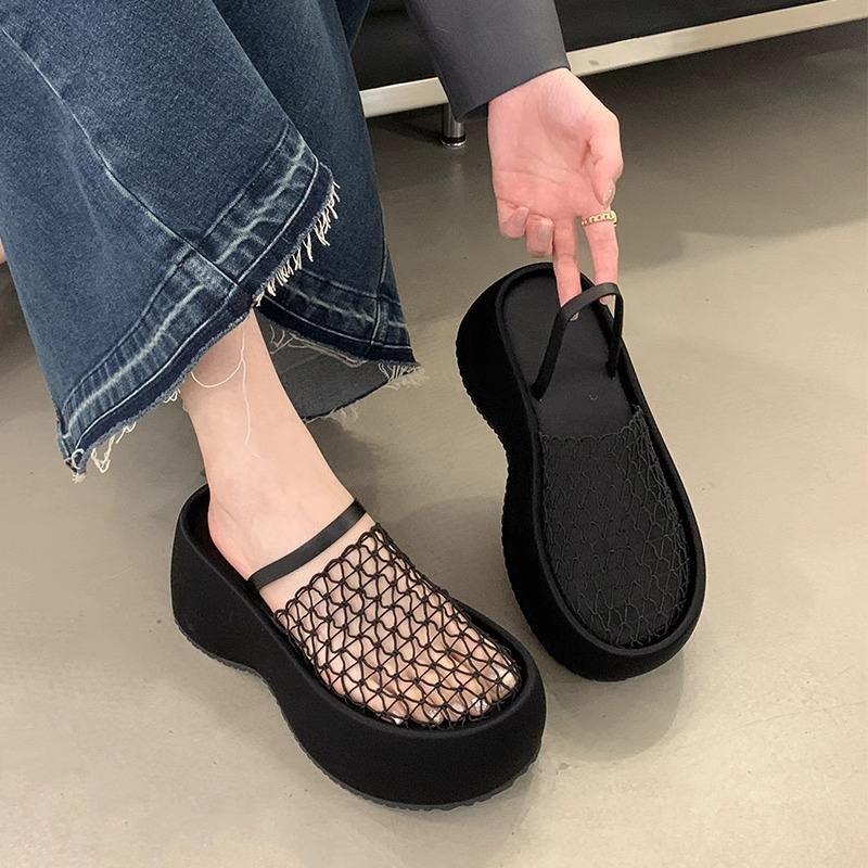 2025 nuevo diseño de verano, malla hueca y transpirable, medio arrastre, suela gruesa, zapatos de plataforma romana, sandalias para mujer