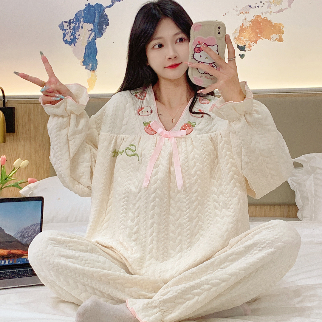 가을과 겨울 새로운 여성의 집 옷 캐주얼 편안한 부드러운 잠옷 두꺼운 따뜻한 샌드위치 잠옷 세트