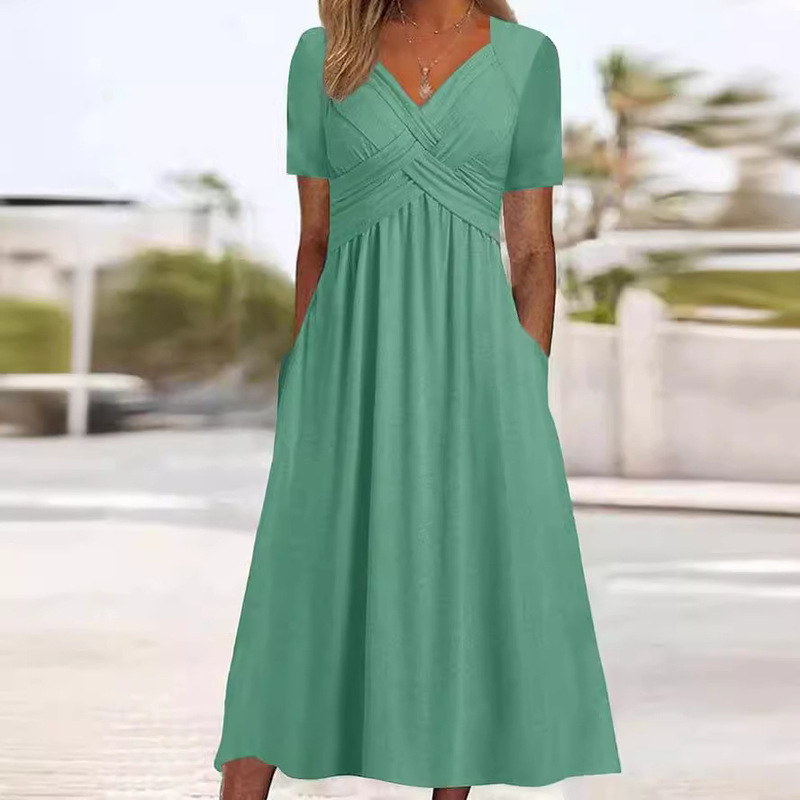 Cross-Border European and American Foreign Trade Women's Clothing 2026 Summer New Long Dress Loose Cross-Over Short-Sleeve Dress One-Piece Dropshipping