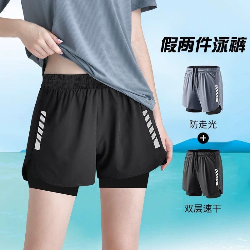 Women's Anti-Exposure Two-In-One Swim Shorts, Large Size, Double-Layer, Quick-Dry, Suitable for Swimming, Single Piece