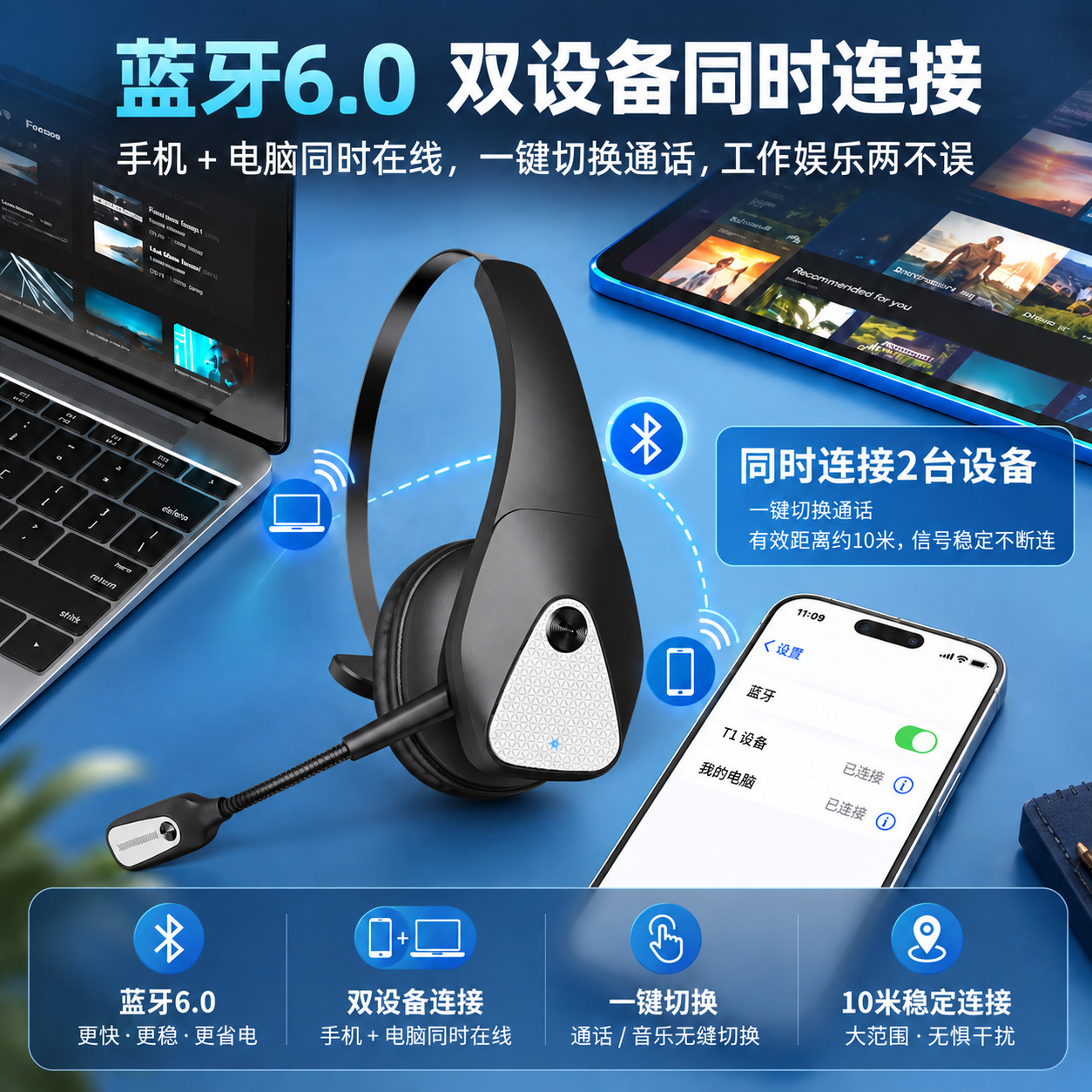 Bluetooth Headphones 2026 New Model Business Conference Noise Cancelling Truck Driver Long Battery Life Over-Ear Wireless Bluetooth Headphones