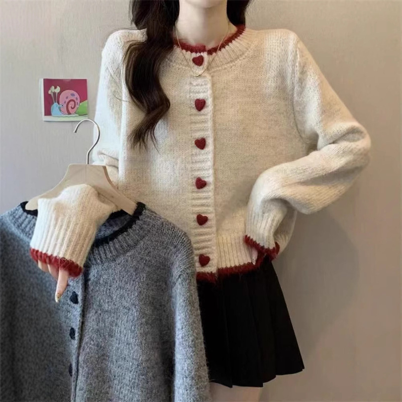 Women's Sweater Jacket, Soft and Cozy, New Autumn and Winter Design, Color-Blocking, Heart Button Knit Cardigan, Loose and Sweet Top Women's Sweater Jacket, Soft and Cozy, New Autumn and Winter Design, Color-Blocking, Heart Button Knit Cardigan, Loose and Sweet Top