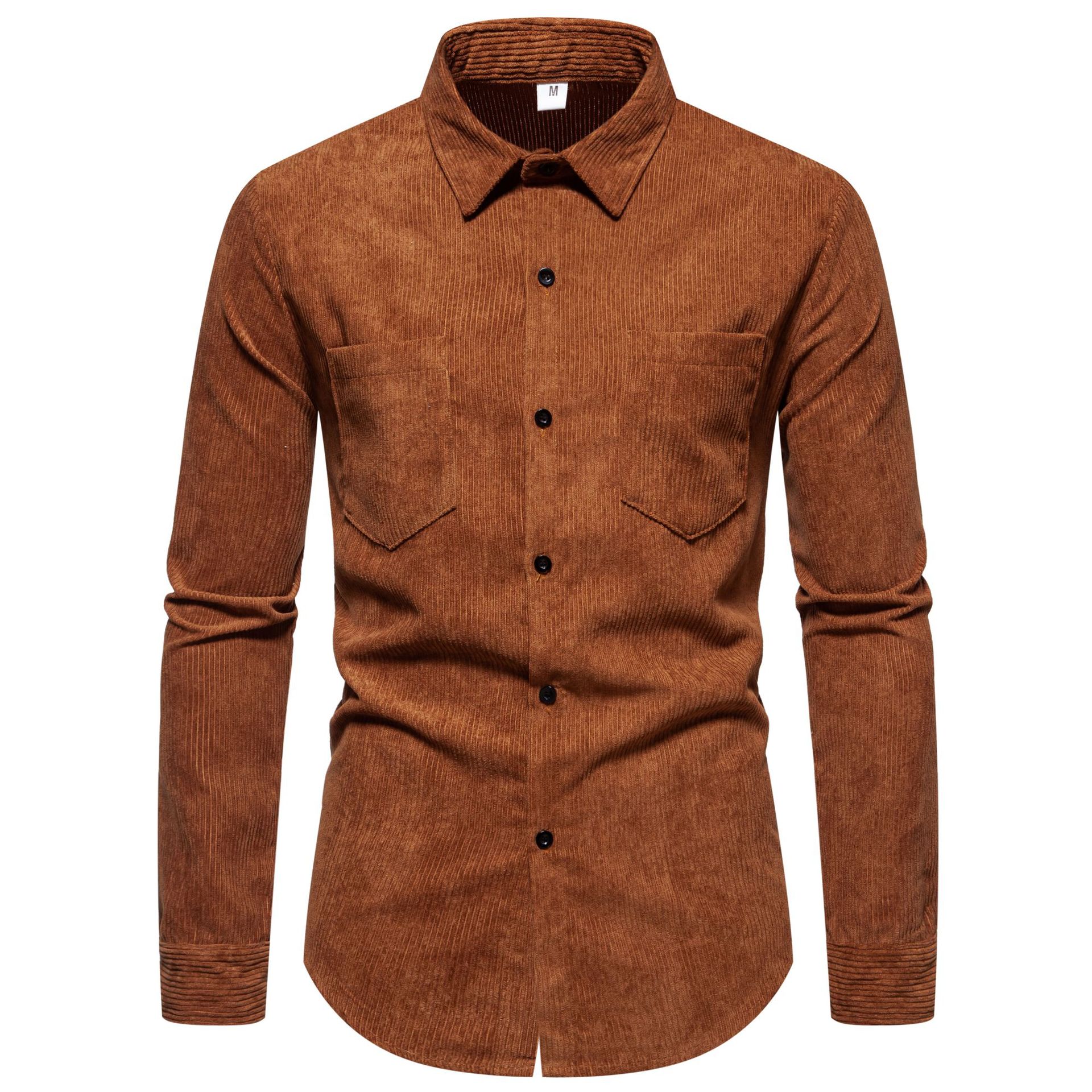 2023 primavera y otoño nueva camisa de color puro hombres jóvenes y de mediana edad de pana de manga larga retro camisa vieja entrega al por mayor