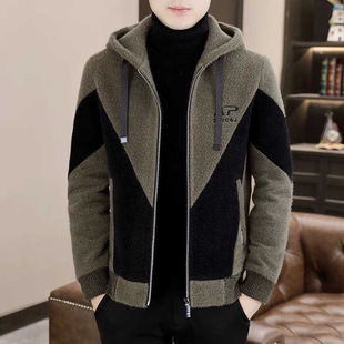2024 men's high-end color matching fashion jacket hooded splicing casual thickened warm large size jacket top