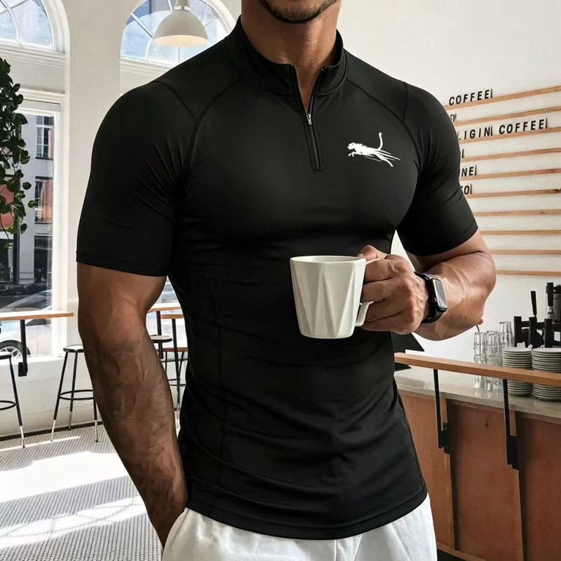 Professionally Crafted Casual Half-Zip Stand-Up Collar Quick-Dry T-Shirt with Stretch, Slim Fit, Breathable, Sweat-Wicking, and Comfortable Black Panther Design