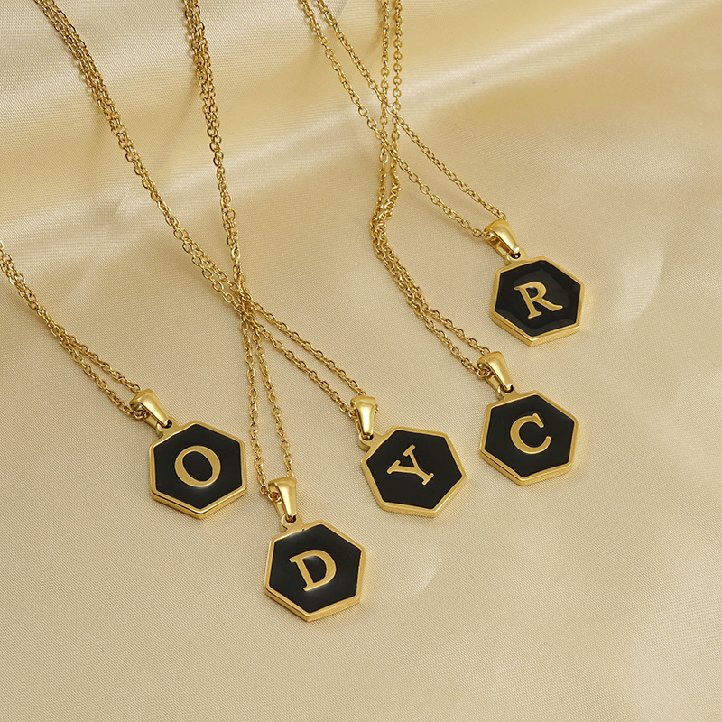 Simple Style Hexagon Letter Stainless Steel Inlaid Shell Pendant Necklace Colorza_colorza_2