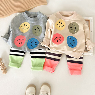 Girl's Trousers Spring and Autumn Outfit Western-style Cotton Thin Women's Treasure Crewneck Smiley Sweat Two-piece Stripe Suit
