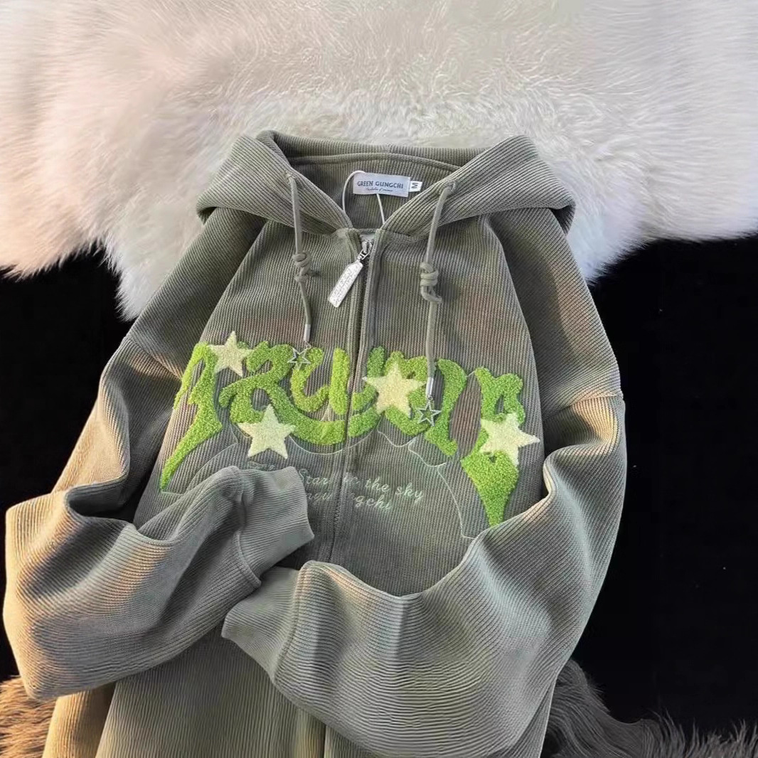 American Retro Embroidered Corduroy Jacket for Women Spring and Autumn Thin College Style Loose Sweatshirt Cardigan Jacket