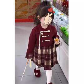儿童拜年服汉服安哥拉红冬男女宝宝新年加绒加厚中国风旗袍裤套装