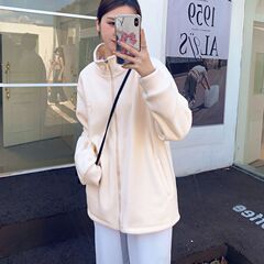 暖呼呼慵懒感摇粒绒羊羔毛外套女秋冬季加绒加厚颗粒绒卫衣立领