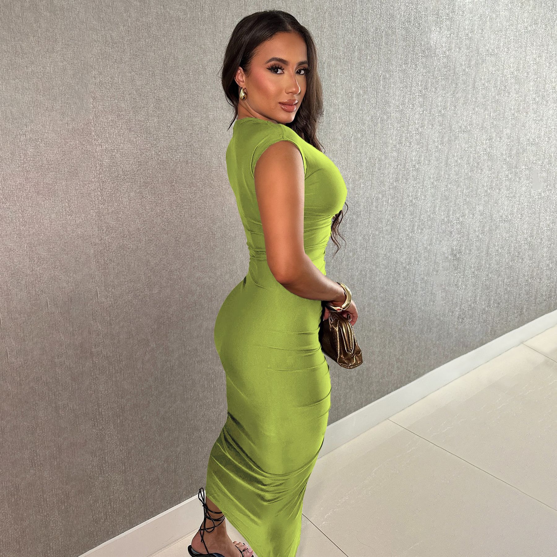 308g Weight Midi Dress Dress Length Type Sleeveless Sleeve Length Bodycon Dress Dresses Type Polyester Fabric Type High Waist Waist Line Party, Cocktail Party Occasion V Neck Neckline Skinny Fit Type Solid Color Pattern Summer Season Women's Gender Sexy, Streetwear Style Wholesale Women's Sexy Streetwear Solid Color Party Cocktail Party V Neck Sleeveless Bodycon Dress 25