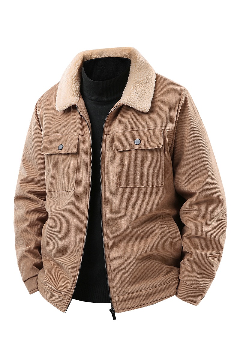 Men's lambswool lapel jacket, corduroy dad's cotton coat, fleece-lined and thickened workwear cotton jacket, autumn and winter clothing, temperature-regulating