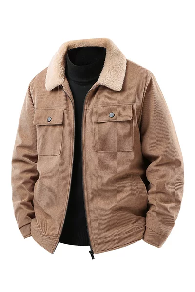 Men's lambswool lapel jacket, corduroy dad's cotton coat, fleece-lined and thickened workwear cotton jacket, autumn and winter clothing, temperature-regulating