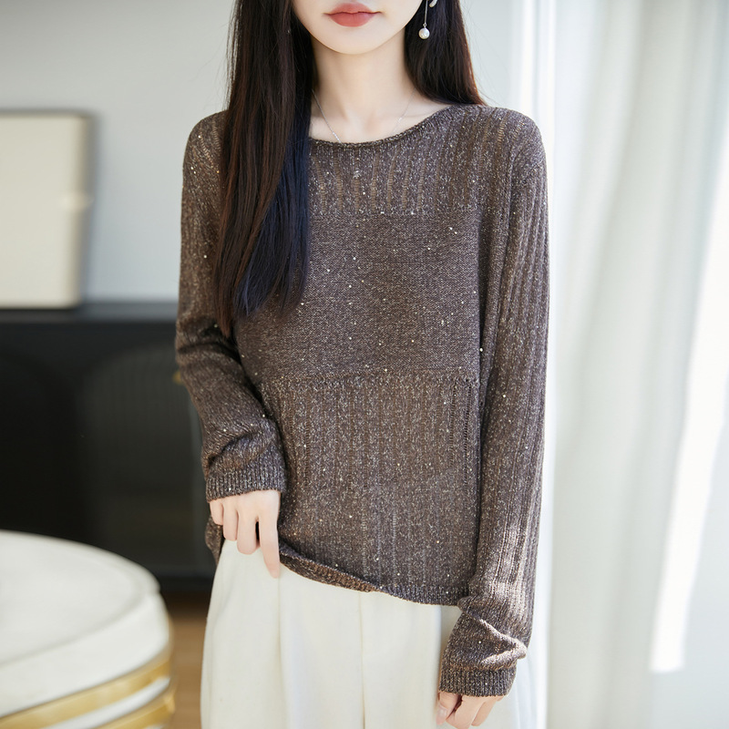 Old Money style hollow-out knit sweater, women's long-sleeved round-neck fashion sequin base layer sweater, versatile autumn/winter new top Old Money style hollow-out knit sweater, women's long-sleeved round-neck fashion sequin base layer sweater, versatile autumn/winter new top