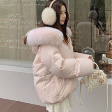 粉色大毛领连帽短款羽绒棉女2025年冬季韩版宽松加厚保暖外套百搭