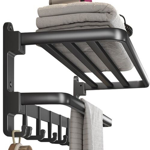 Black bathroom towel rack without punching for hand washing bathroom space aluminum storage rack wall-mounted bi-folding bath towel rack