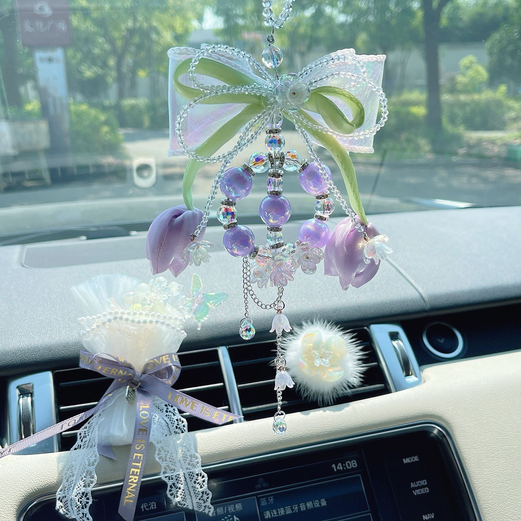 Tulip Bow Car Pendant Crystal Car Rearview Mirror Lily of the Valley Flower Pendant Fairy Car Decoration