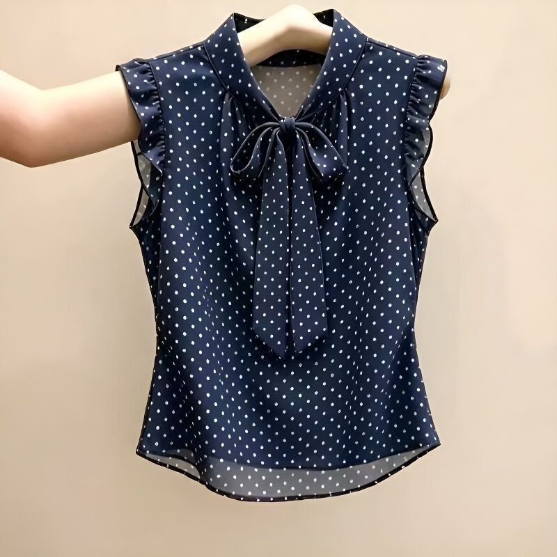 Warm Maple Elegant Polka Dot Sleeveless Women's Blouse, New Summer Style with Bow Tie Design, Small Flutter Sleeves, Slimming and Suitable for Commuting
