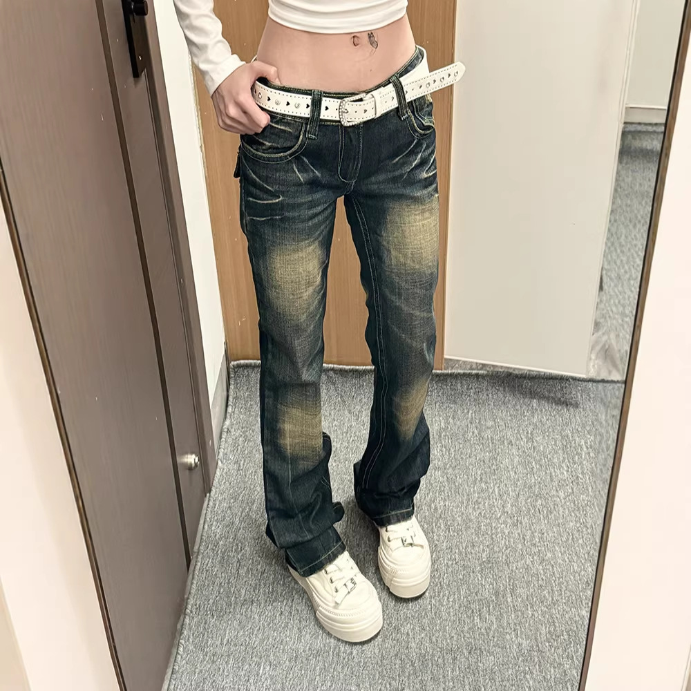 Y2k Vintage Low-Rise Distressed Jeans For Women - Baggy Straight Leg Denim Pants With Heavy Embroidery, Grunge Aesthetic_ecoleips.com