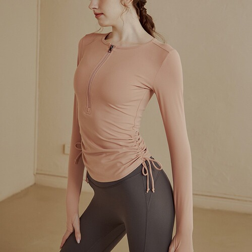 High-end drawstring yoga top for women, long sleeve T-shirt, 2024 spring summer sports, waist-cinching, slimming, running, fitness top